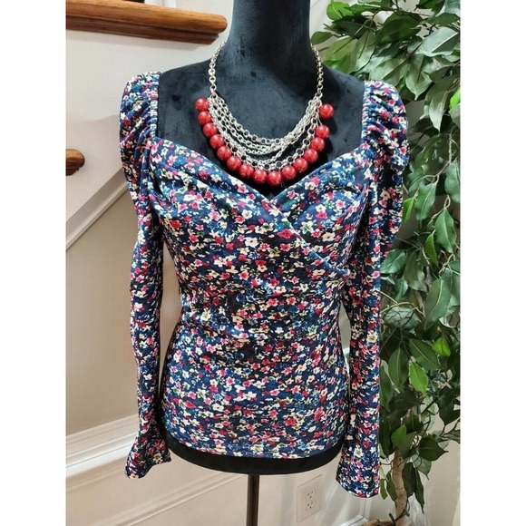 Shein Blue Floral Women's Polyester Long Sleeve Sweatheart Neck Casual Blouse - Picture 3 of 7